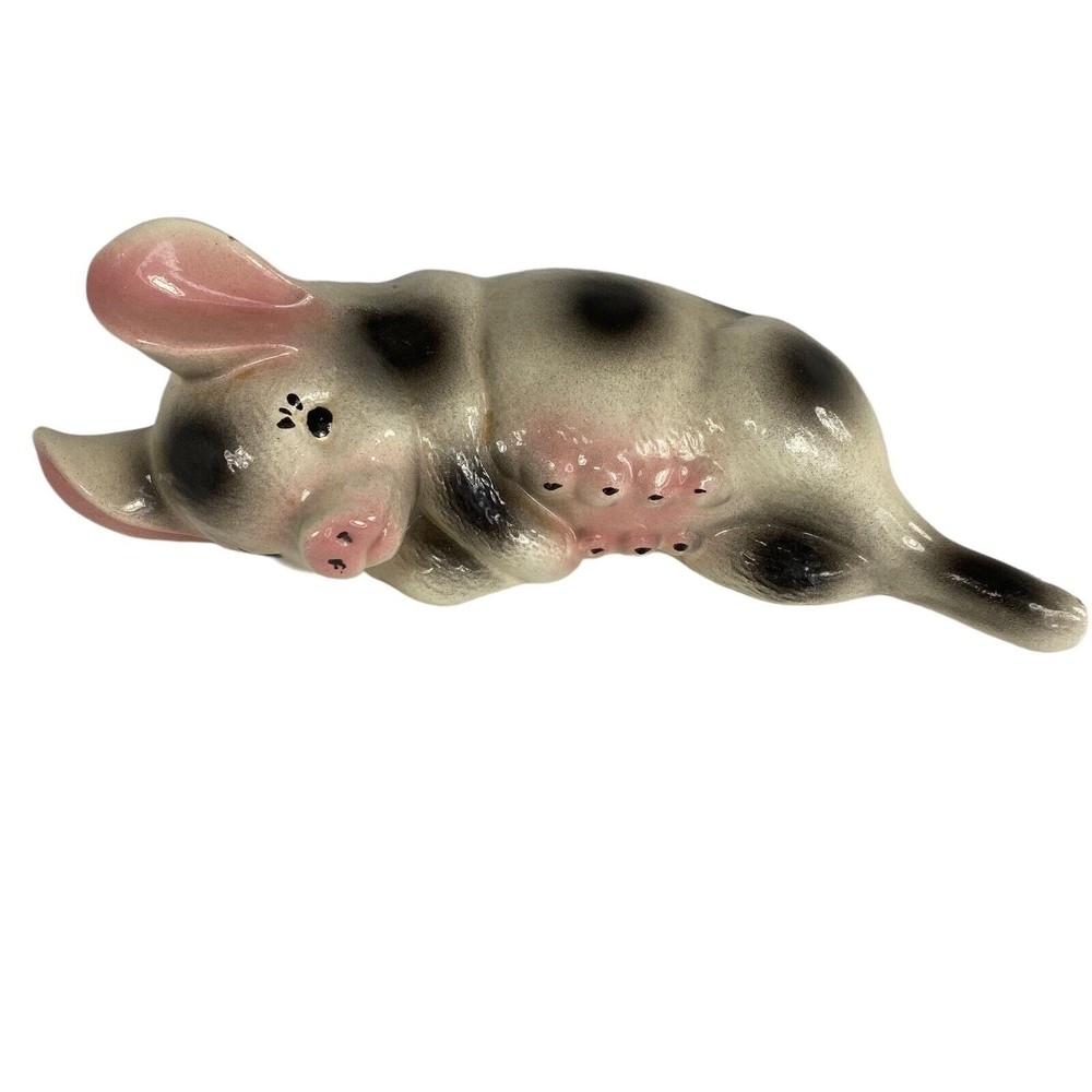 Mother Pig Pottery Reclining Decorative Black White Pink Sow Granny Core Farm